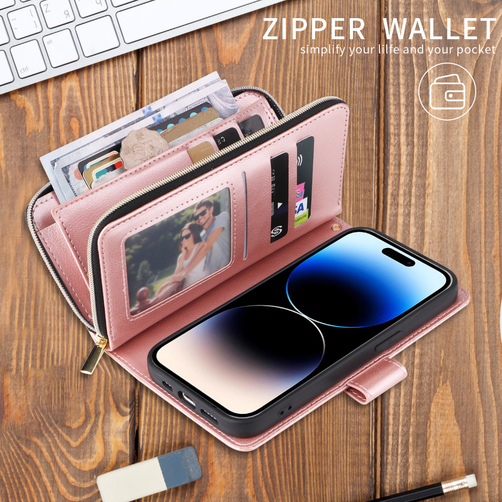 เคสฝาพับ เคสเปิดปิด Case for iPhone 15 11 12 13 14 Pro Max 7 8 Plus SE 2020 2022 ไอโฟน X XR XS เคสโทรศัพท์มือถือหนัง PU ฝาพับ พร้อมช่องใส่บัตร และขาตั้งในตัว หรูหรา Flip Cover Leather Zipper Wallet With Multi Card Slots Holder ซองมือถือ