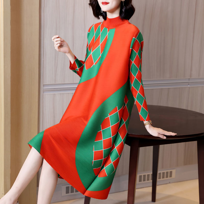 ชุดเดรสกระโปรงพลีท คอสูง ทรงหลวม ขนาดใหญ่ สีคอนทราสต์ แฟชั่นฤดูใบไม้ผลิ และฤดูใบไม้ร่วง สไตล์ตะวันตก สําหรับสตรี
