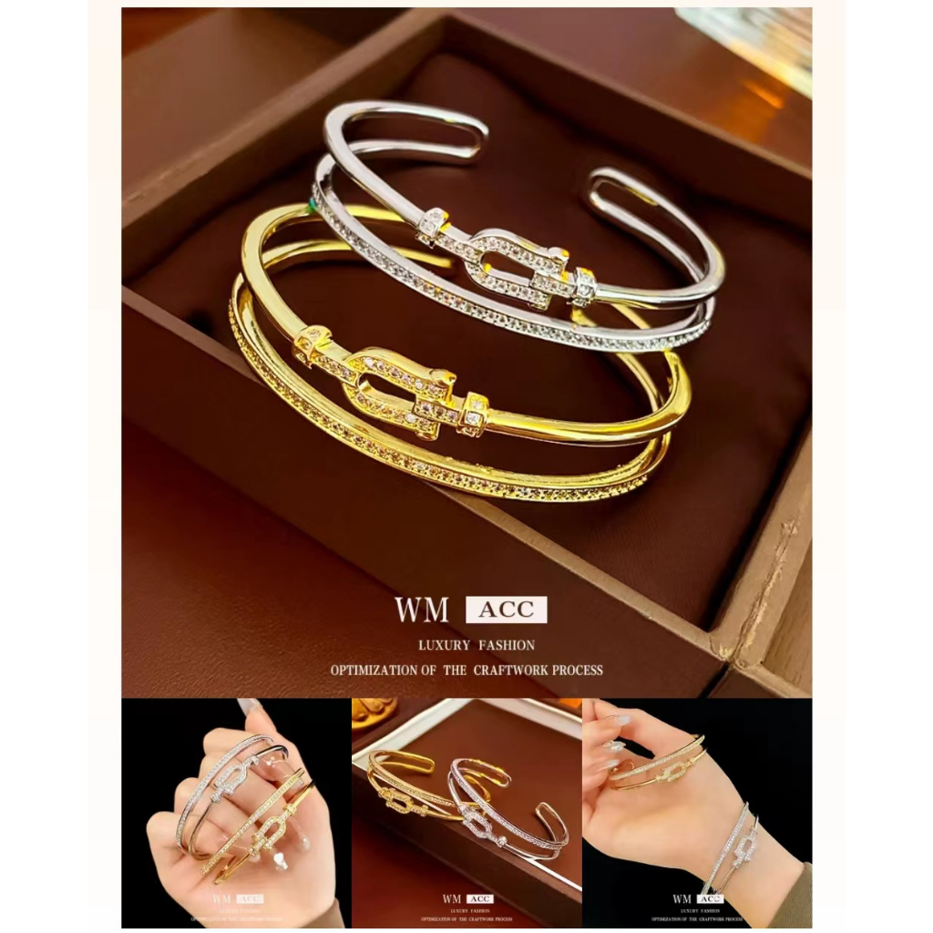 GOLD STAR Iced Out กําไลข้อมือเปิดขนาดสีทองสีเงินอุปกรณ์เสริมของผู้หญิง