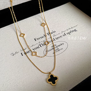 DREJEW สร้อยคอโซ่ไทเทเนียม สองชั้น จี้รูปกระดูกงู ดอกไม้ สไตล์เกาหลี กันแพ้