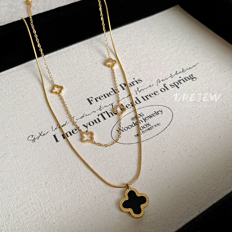 DREJEW สร้อยคอโซ่ไทเทเนียม สองชั้น จี้รูปกระดูกงู ดอกไม้ สไตล์เกาหลี กันแพ้ - รูปที่ 6