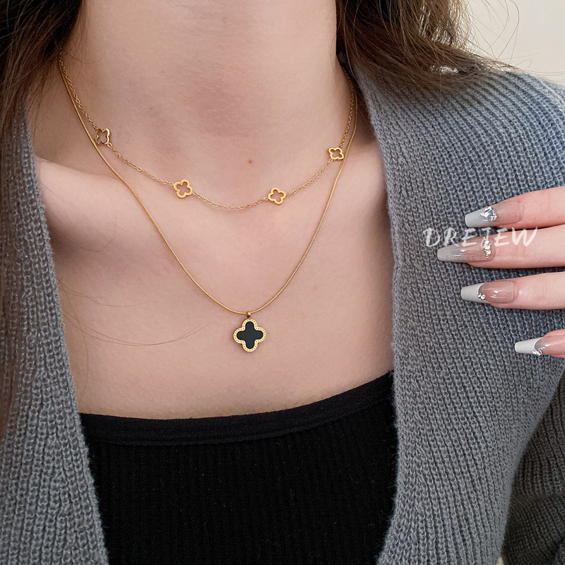 DREJEW สร้อยคอโซ่ไทเทเนียม สองชั้น จี้รูปกระดูกงู ดอกไม้ สไตล์เกาหลี กันแพ้ - รูปที่ 5