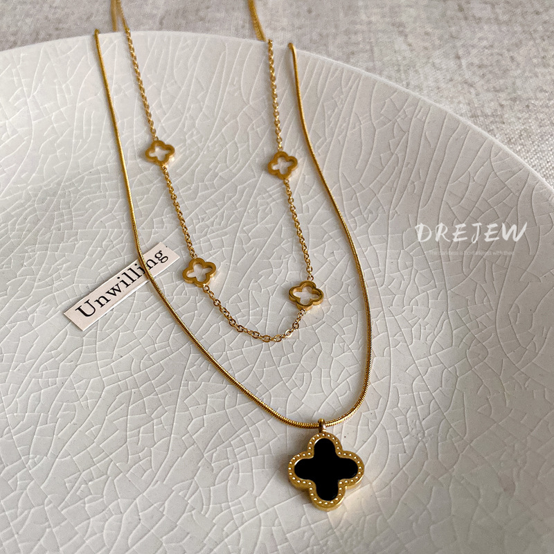 DREJEW สร้อยคอโซ่ไทเทเนียม สองชั้น จี้รูปกระดูกงู ดอกไม้ สไตล์เกาหลี กันแพ้ - รูปที่ 2