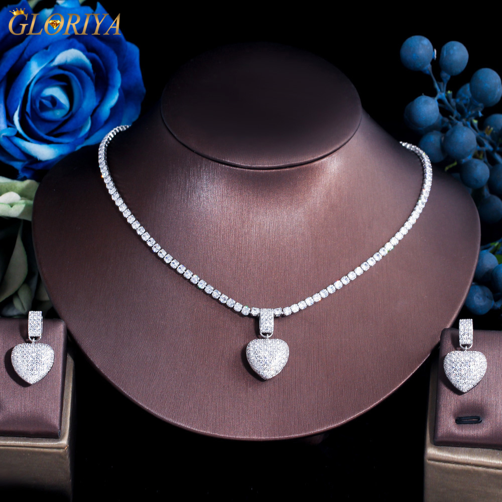 Gloriya โรแมนติกรูปหัวใจจี้สร้อยคอต่างหูชุด Pave Tiny AAA Cubic Zircon ผู้หญิงทองคําขาวชุดเครื่องประดับสําหรับ Dting Party JS230