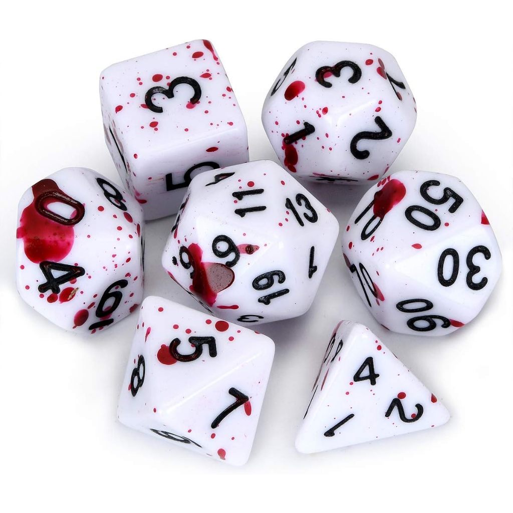 แวมไพร์ลูกเต๋าลูกเต๋า D&D ลูกเต๋าชุดสเปรย์ไม่สม่ําเสมอ Fuchsia Dots เลือด Splatter Polyhedral บทบาทเ