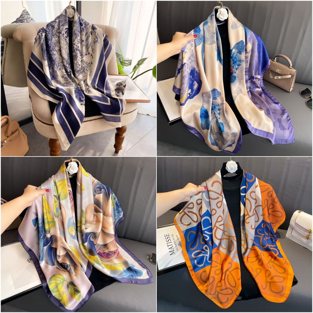 ผ้าพันคอ ผ้าโพกหัว ผ้าไหม พิมพ์ลาย ทรงสี่เหลี่ยม ขนาด 110 × 110 ซม. (43.3X43.3 นิ้ว)SF1005-A