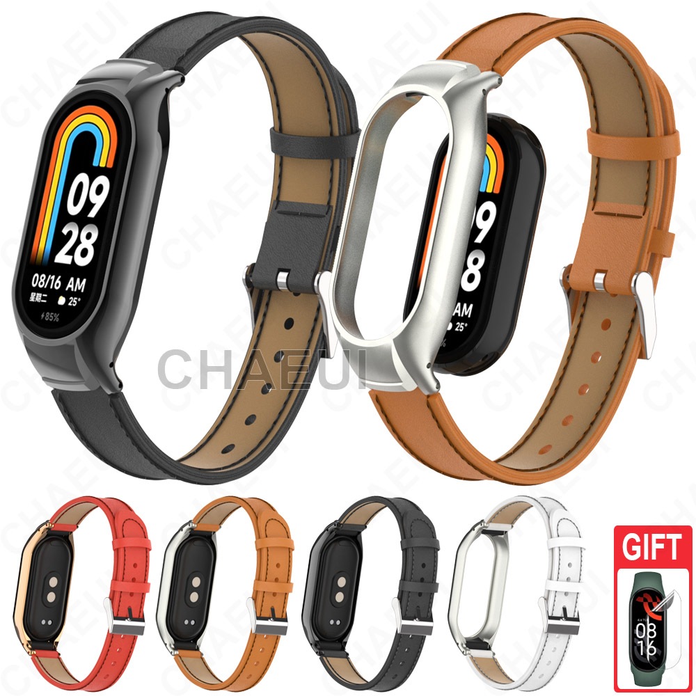 อุปกรณ์เสริมสายหนังสร้อยข้อมือพร้อมเปลี่ยนเคสสําหรับ Xiaomi Smart Band 10 9 8 7 / Mi Band 6 5 4 3