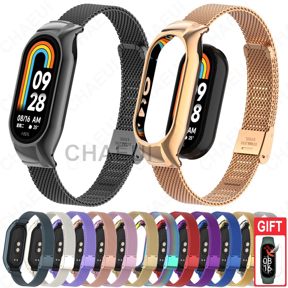 สายสแตนเลสพร้อมเคสสร้อยข้อมืออุปกรณ์เสริมสําหรับ Xiaomi Smart Band 10 9 8 7 / Mi Band 6 5 4 3