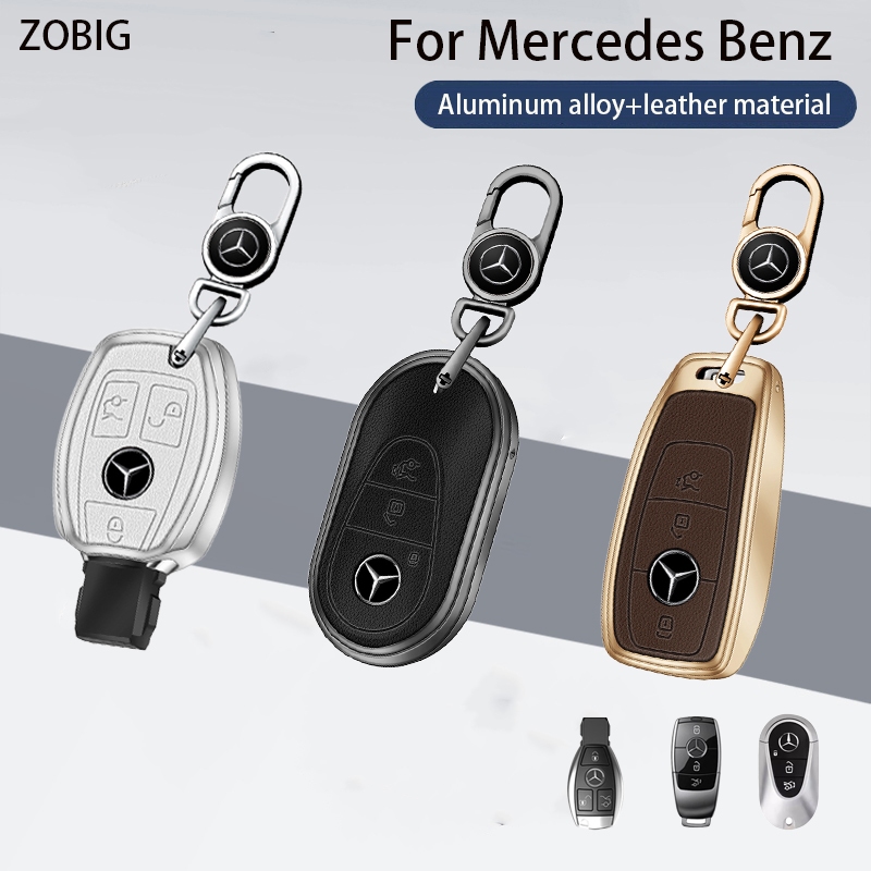 Zobig เคสกุญแจรถยนต์ โลหะผสมสังกะสี และหนัง พร้อมพวงกุญแจ สําหรับ Mercedes Benz Key fob Benz 2023 A-Class C-Class G-Class S-Class E-Class