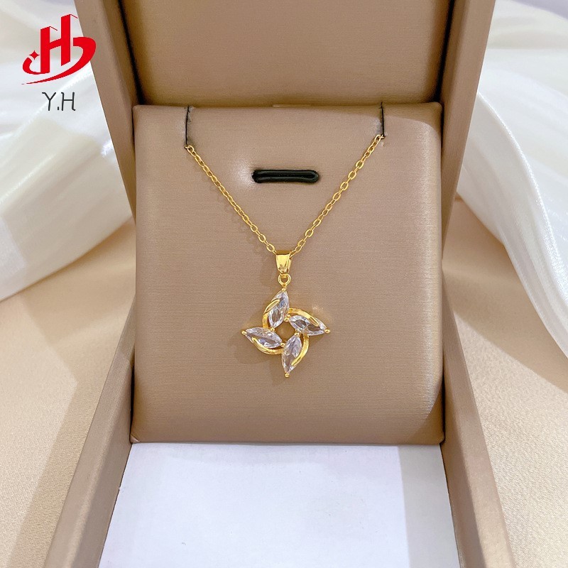 ⭐Y.H⭐เพชร กังหันลม สีทอง 18K สร้อยคอสแตนเลส
