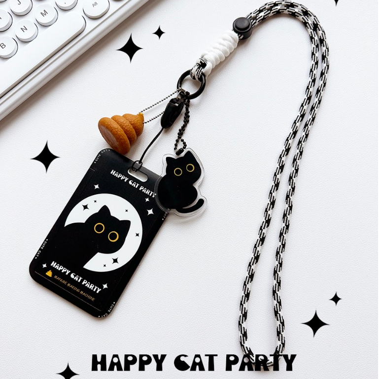 【ย้อนกลับไปโรงเรียน】เคสใส่บัตรประจําตัว บัตรรถบัส บัตรอาหารกลางวัน ลายแมวดํา พร้อมสายคล้อง สําหรับนักเรียน