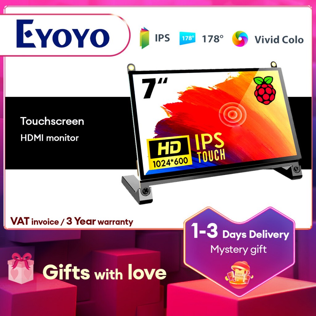 Eyoyo 7 นิ้ว LCD HDMI Display Screen 1024x600 Ultra HD Display Screen หน้าจอสัมผัสแบบ Capacitive สําหรับ Raspberry Pi