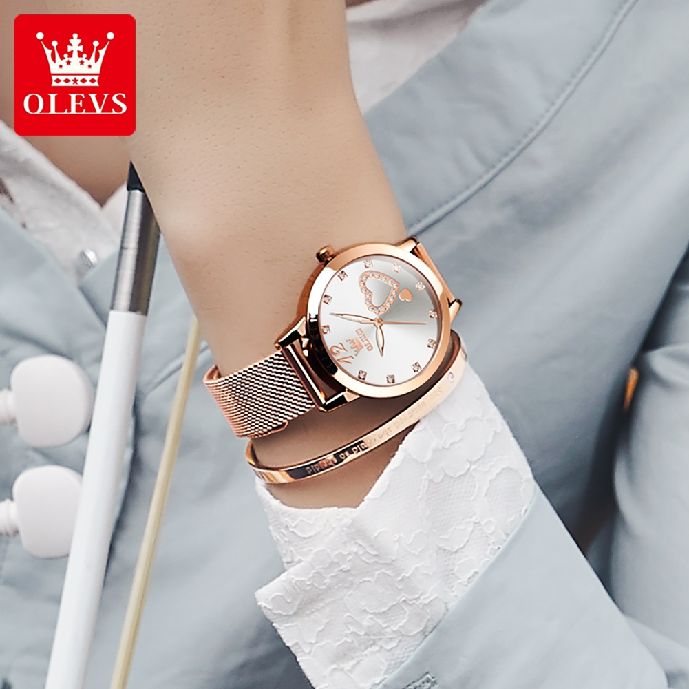 OLEVS นาฬิกา นาฬิกาควอตซ์ สเตนเลส แฟชั่น กันน้ำ ส่องสว่าง สง่างาม สำหรับผู้หญิง ของขวัญวันเกิดเด็กผู้หญิง 5189
