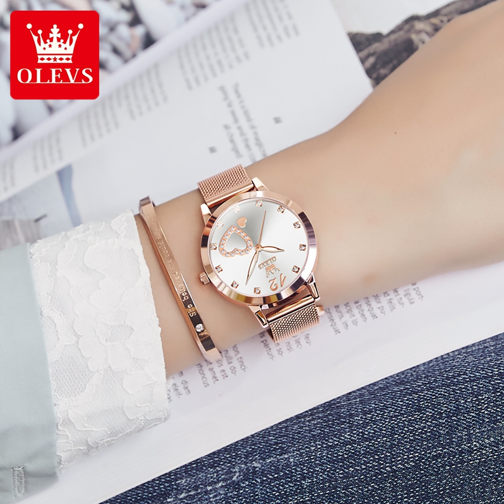 OLEVS นาฬิกา นาฬิกาควอตซ์ สเตนเลส แฟชั่น กันน้ำ ส่องสว่าง สง่างาม สำหรับผู้หญิง ของขวัญวันเกิดเด็กผู้หญิง 5189