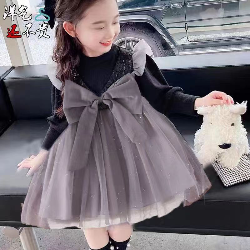 พร้อมส่ง ขายส่ง ชุดเดรสแขนยาว คอกลม แขนพัฟ ประดับโบว์น่ารัก แฟชั่นฤดูใบไม้ร่วง สไตล์เกาหลี สําหรับเด็กผู้หญิง