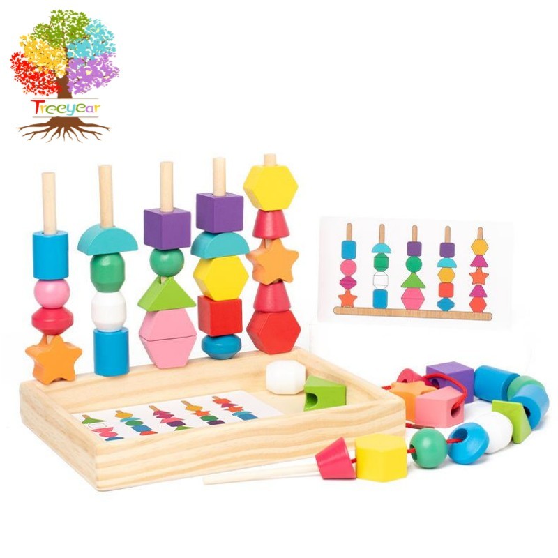 Montessori Toys Bead Sequecing Set, Treeyear Wooden Lacing Bead & Matching Shapes สีซ้อน
