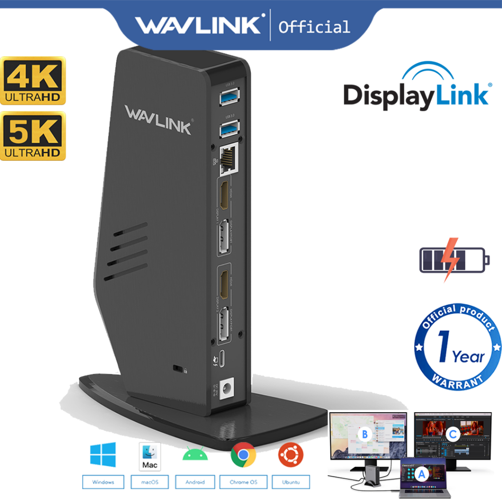 Wavlink Ultra HD Displaylink แท่นชาร์จแล็ปท็อป 65W สําหรับ Type-C และ Type-A