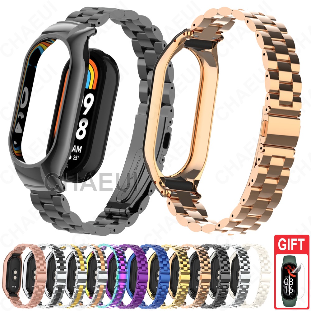 สร้อยข้อมือโลหะสายสแตนเลสพร้อมอุปกรณ์เสริมเคสสําหรับ Xiaomi Smart Band 9 8 7 / Mi Band 6 5 4 3