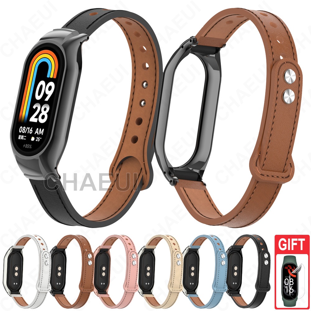 สายหนังพร้อมอุปกรณ์เสริมเคสสร้อยข้อมือสําหรับ Xiaomi Smart Band 10 9 8 7 / Mi Band 6 5 4 3