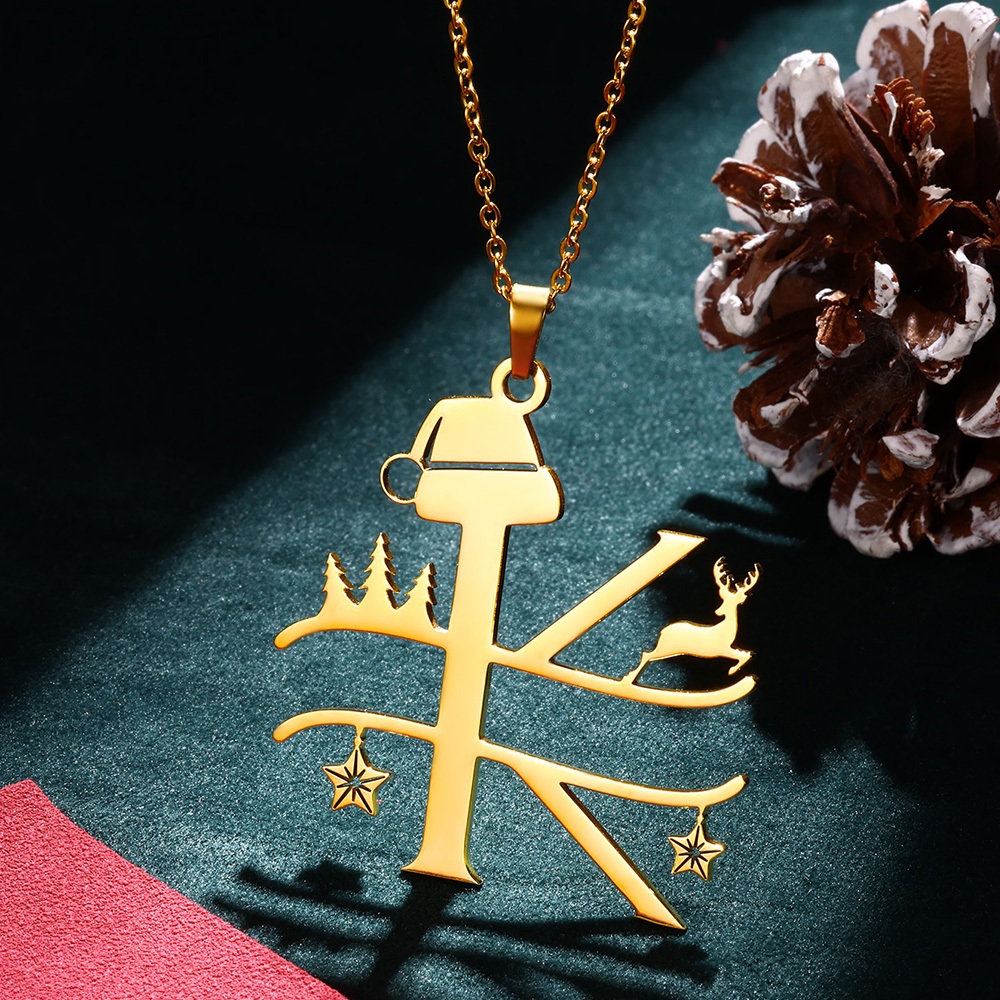 Kaijiang Kalung Surat Krismas สร้อยคอโซ่สเตนเลส จี้ตัวอักษร สีทอง สร้างสรรค์ เครื่องประดับแฟชั่น สําหรับผู้หญิง ผู้ชาย