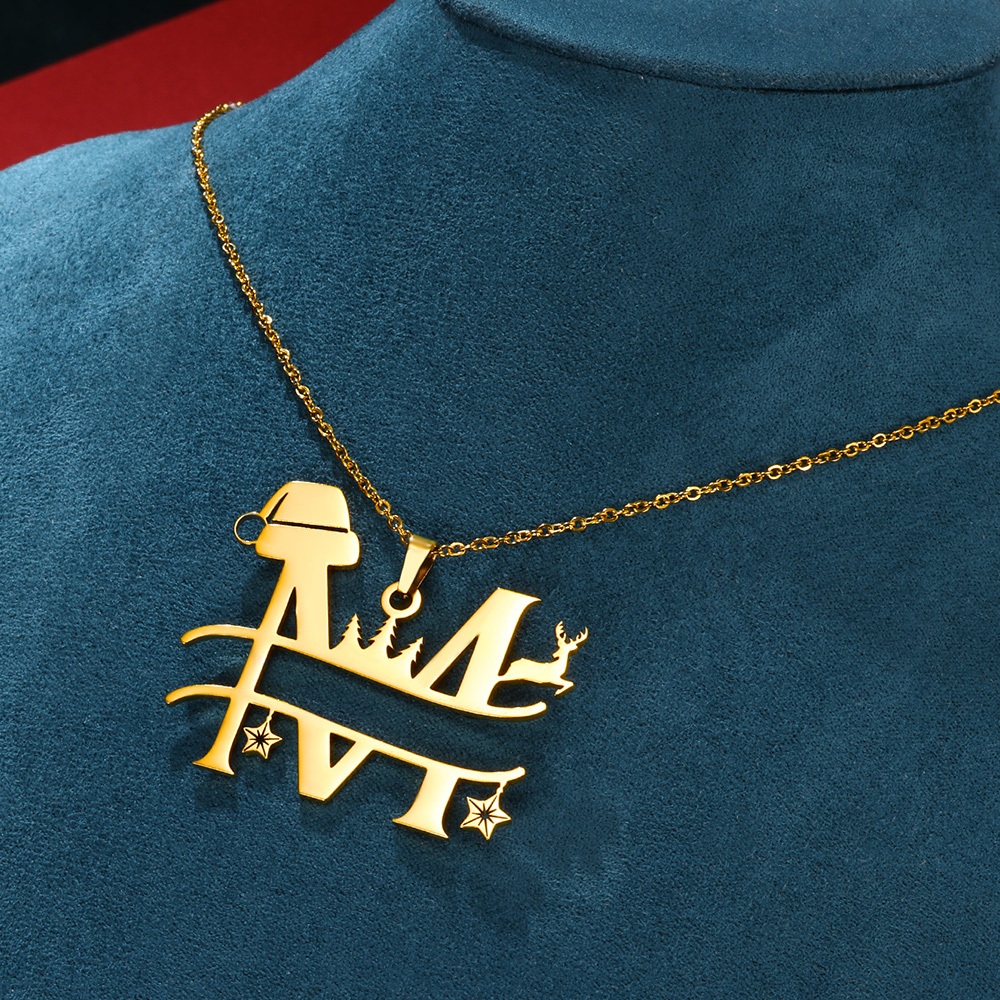 Kaijiang Kalung Surat Krismas สร้อยคอโซ่สเตนเลส จี้ตัวอักษร สีทอง สร้างสรรค์ เครื่องประดับแฟชั่น สําหรับผู้หญิง ผู้ชาย