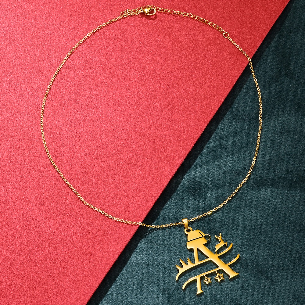 Kaijiang Kalung Surat Krismas สร้อยคอโซ่สเตนเลส จี้ตัวอักษร สีทอง สร้างสรรค์ เครื่องประดับแฟชั่น สําหรับผู้หญิง ผู้ชาย