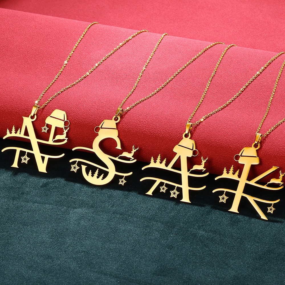 Kaijiang Kalung Surat Krismas สร้อยคอโซ่สเตนเลส จี้ตัวอักษร สีทอง สร้างสรรค์ เครื่องประดับแฟชั่น สําหรับผู้หญิง ผู้ชาย