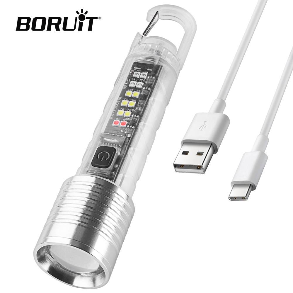 Boruit ไฟฉาย LED แบบใส สว่างมาก พร้อมตะขอ ซูมได้ Type-C กันน้ํา สําหรับตั้งแคมป์