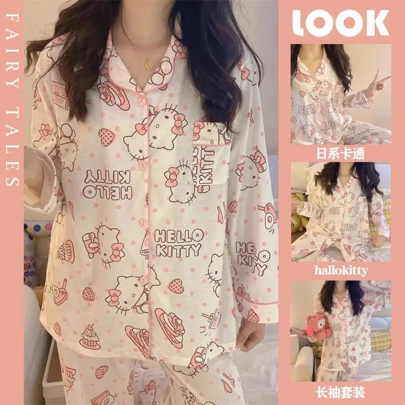 พร้อมส่งชุดนอนเสื้อคอปกแขนยาวกับกางเกงขายาว ลายคิตตี้ ลายมายเมโลดี้ สาวก โทนชมพูหวาน