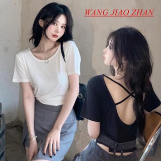 【WJZ】เสื้อยืดแขนสั้นเปิดหลังเซ็กซี่สไตล์เกาหลีแฟชั่นสำหรับผู…