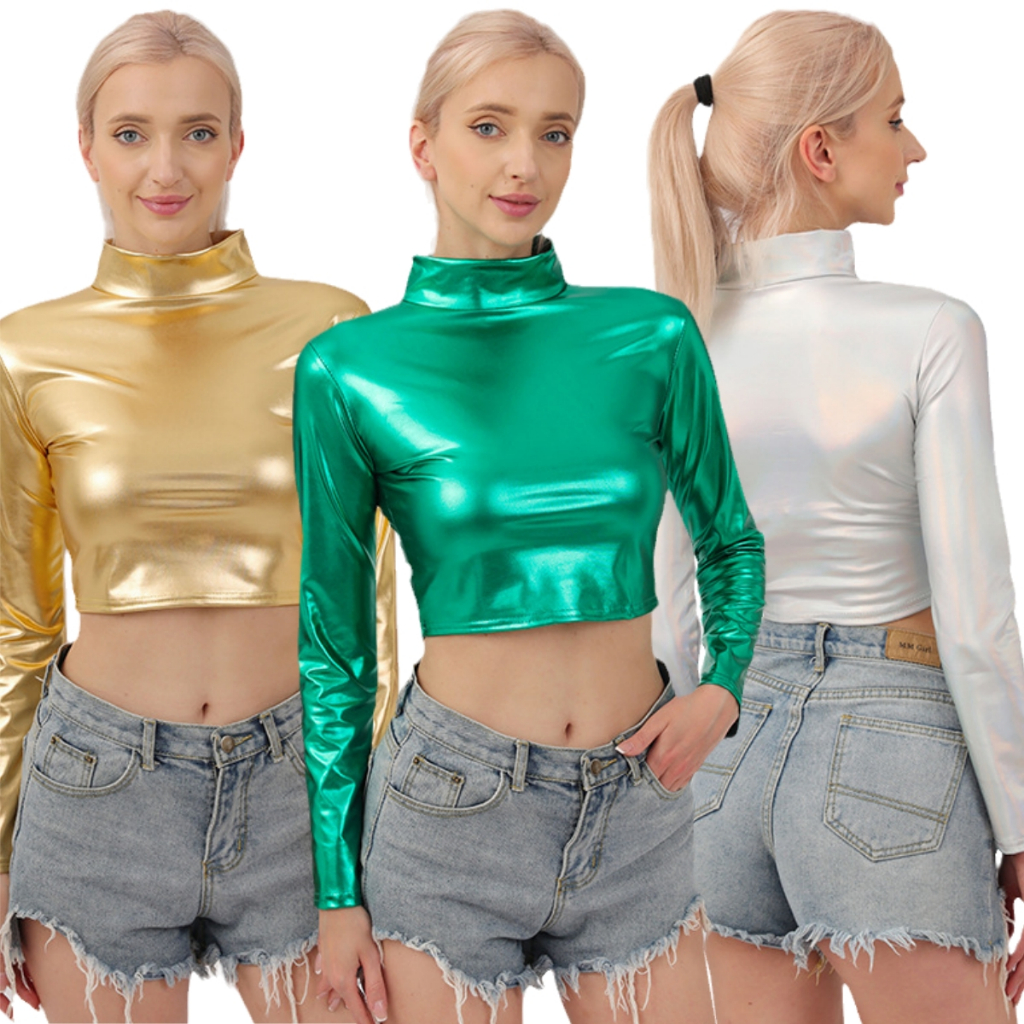 เสื้อครอปท็อปแขนยาว หนังนิ่ม เข้ารูป สีทอง แวววาว สําหรับผู้หญิง ใส่เต้นรําเชียร์ลีดเดอร์
