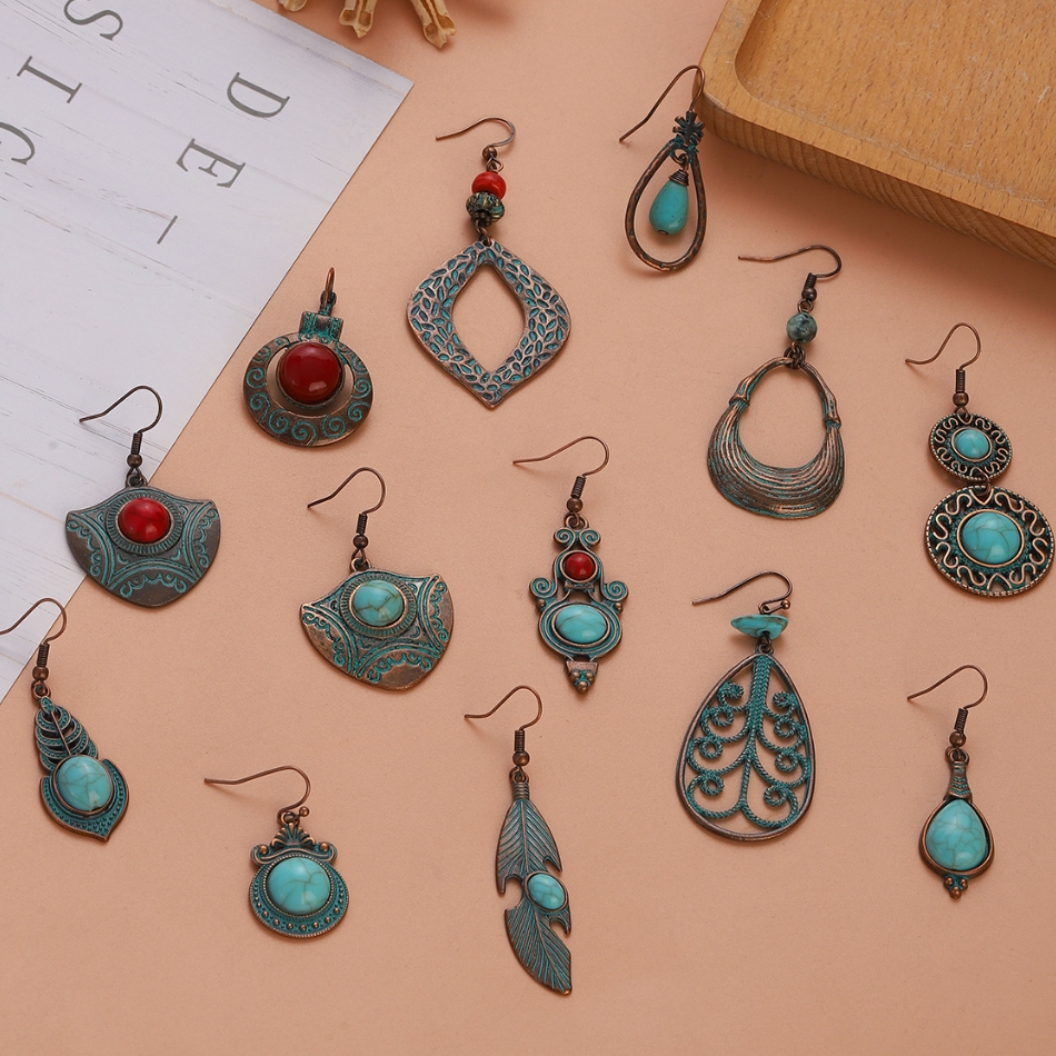 โบฮีเมียน สีแดง / สีฟ้า หินหยด ต่างหู สําหรับผู้หญิง บรอนซ์ เรขาคณิต กลม ใบไม้ จี้ ต่างหู เสน่ห์ เทอร์ควอยซ์ เครื่องประดับ ขายส่ง
