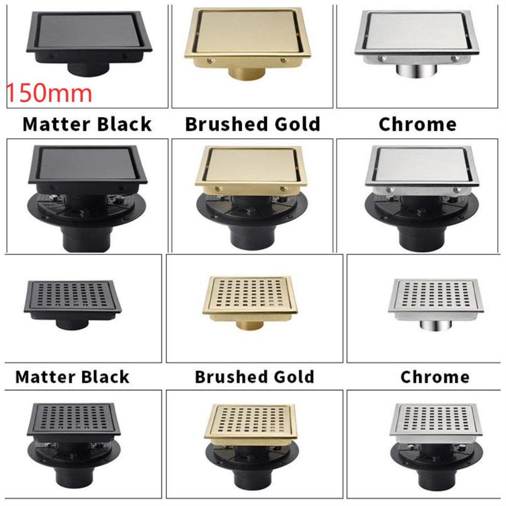 ท่อระบายน้ําสแตนเลส ขนาดใหญ่ 150x150 มม. สีทอง สีดํา สําหรับห้องน้ํา
