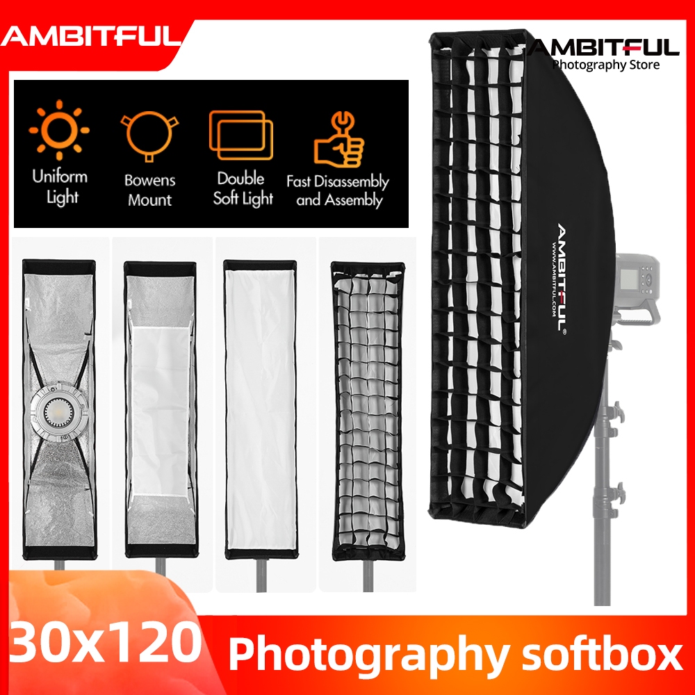 Ambitful ซอฟท์บ็อกซ์สี่เหลี่ยมผืนผ้า 30x120 ซม. พร้อมตารางรังผึ้ง สําหรับ Godox Aputure Yongnuo Bowens Mount Studio Light