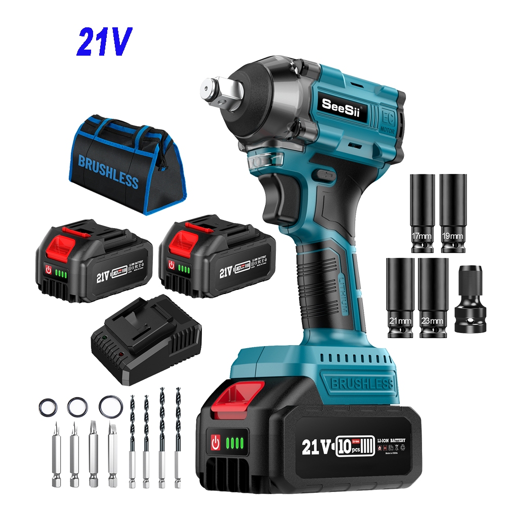 Seesii 21V 350N. M ประแจกระแทกไฟฟ้าไร้สาย หน้าจอแสดงผล LED แบตเตอรี่ 4.0 2x4 ดอกสว่าน 4 ดอก 260FT-LB