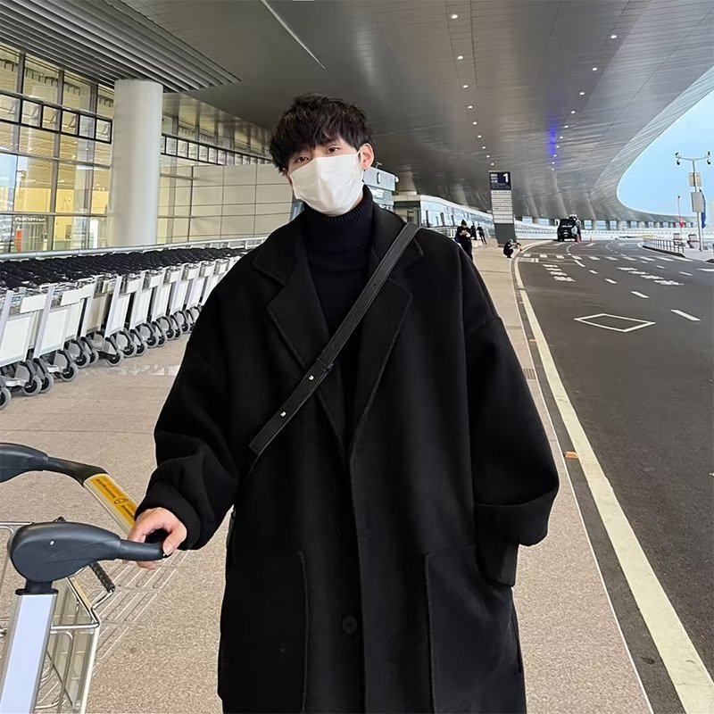 เสื้อโค้ทกันลม ผ้าขนสัตว์ แบบหนา ทรงหลวม สไตล์อังกฤษ แฟชั่นฤดูใบไม้ร่วง และฤดูหนาว สําหรับผู้ชาย