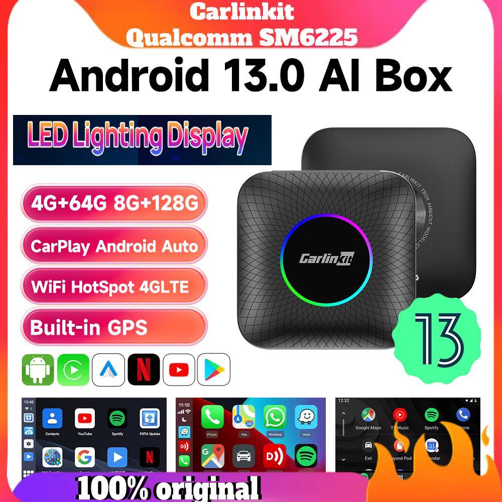กล่องรับสัญญาณทีวีไร้สาย 2023 Android 13.0 Ai Box Qualcomm SM6225 8-Core CarlinKit Android สําหรับ Netflix 64G 128G CarPlay Ai Box LED
