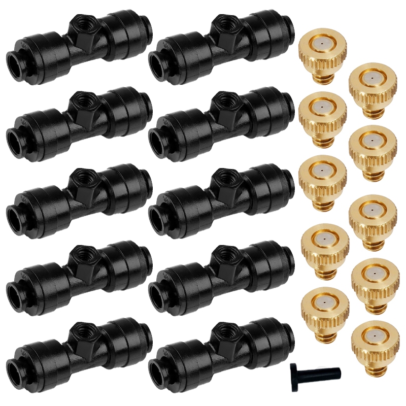หัวฉีดหมอก ทองเหลือง 10 ชิ้น พร้อมข้อต่อเชื่อมหัวฉีด 1/4 นิ้ว 10 ชิ้น ปลั๊กปลาย 1 ชิ้น สําหรับระบบหมอกกลางแจ้ง