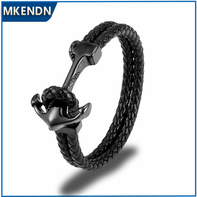 Mkendn แฟชั่นสแตนเลส Charm Anchor สีดําผู้ชายสร้อยข้อมือหนัง Braided Punk Rock กําไลข้อมือเครื่องประดับอุปกรณ์เสริม
