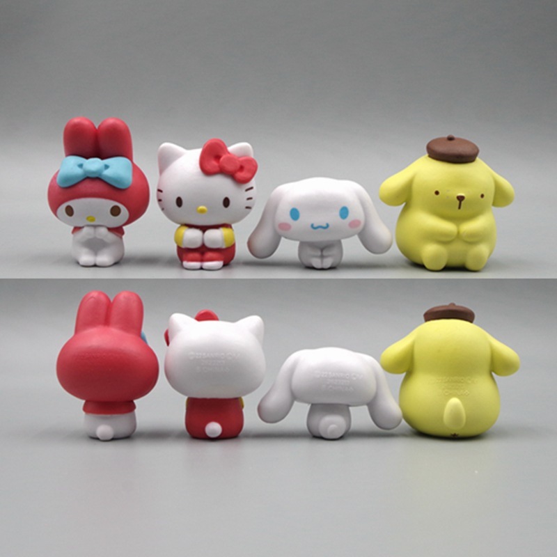 SANRIO โมเดลฟิกเกอร์ PVC การ์ตูนอนิเมะ Hello Kitty My Melody Cinnamorol Pom Pom Purin Q Version Gashapon ของเล่นสําหรับเด็ก 4 ชิ้น ต่อชุด