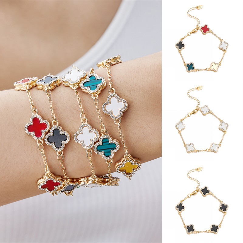 เครื่องประดับ สร้อยข้อมือ ชุบทอง 18k จี้ใบโคลเวอร์ สองชั้น หลากสี เหมาะกับของขวัญวันวาเลนไทน์ แฟชั่นเกาหลี สําหรับผู้หญิง