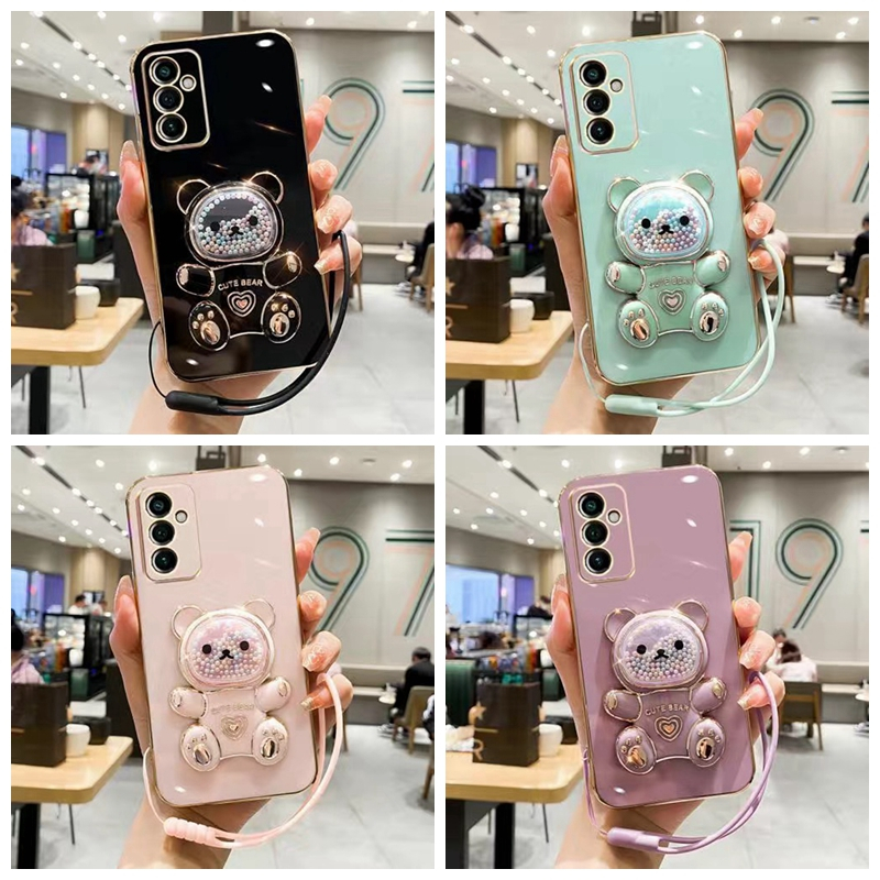 เคส Realme C12 C25 C25S C1 11 11 Pro+ Narzo N53 ขอบตรง Electroplated สายรุ้งลูกอมหมี Lanyard กรณีโทรศัพท์