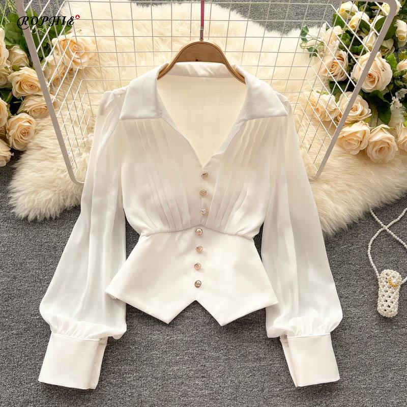 เสื้อเชิ้ตแขนยาว คอวี แขนพัฟ สไตล์เกาหลี สําหรับผู้หญิง Sc8524