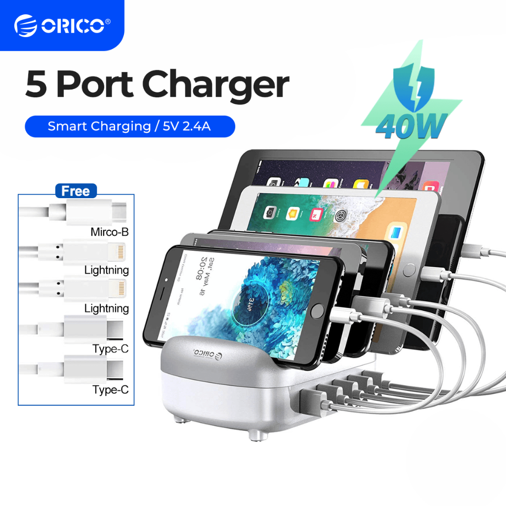 Orico 40W USB charger Fast Charge สําหรับ iPhone iPad เครื่องชาร์จหลายพอร์ตพร้อมไฟ LED ฟรีสายเคเบิลข้อมูล (DUK)
