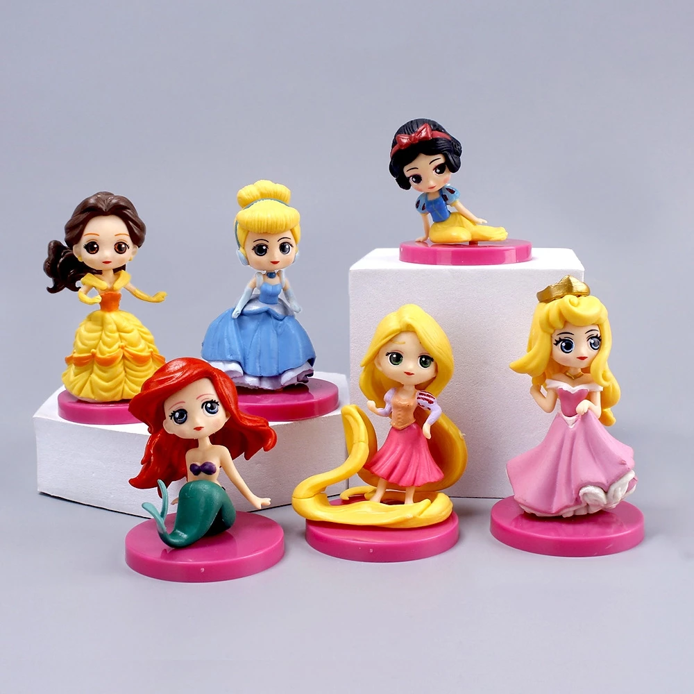 6 ชิ้น/เซ็ต 8 ซม.เจ้าหญิงอะนิเมะรูปสโนว์ไวท์ Tangled Rapunzel Cinderella Mermaid Ariel รุ่น Q PVC ตัวเลขการกระทําตุ๊กตาของเล่นเด็กของขวัญ