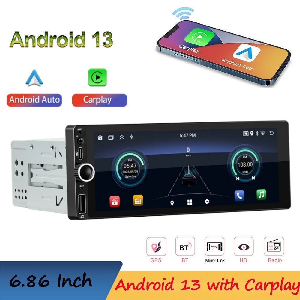 เครื่องเล่นวิทยุไร้สาย 1 Din Android Android-Auto Wifi บลูทูธ GPS FM RDS USB 6.86 นิ้ว IPS BD6021A