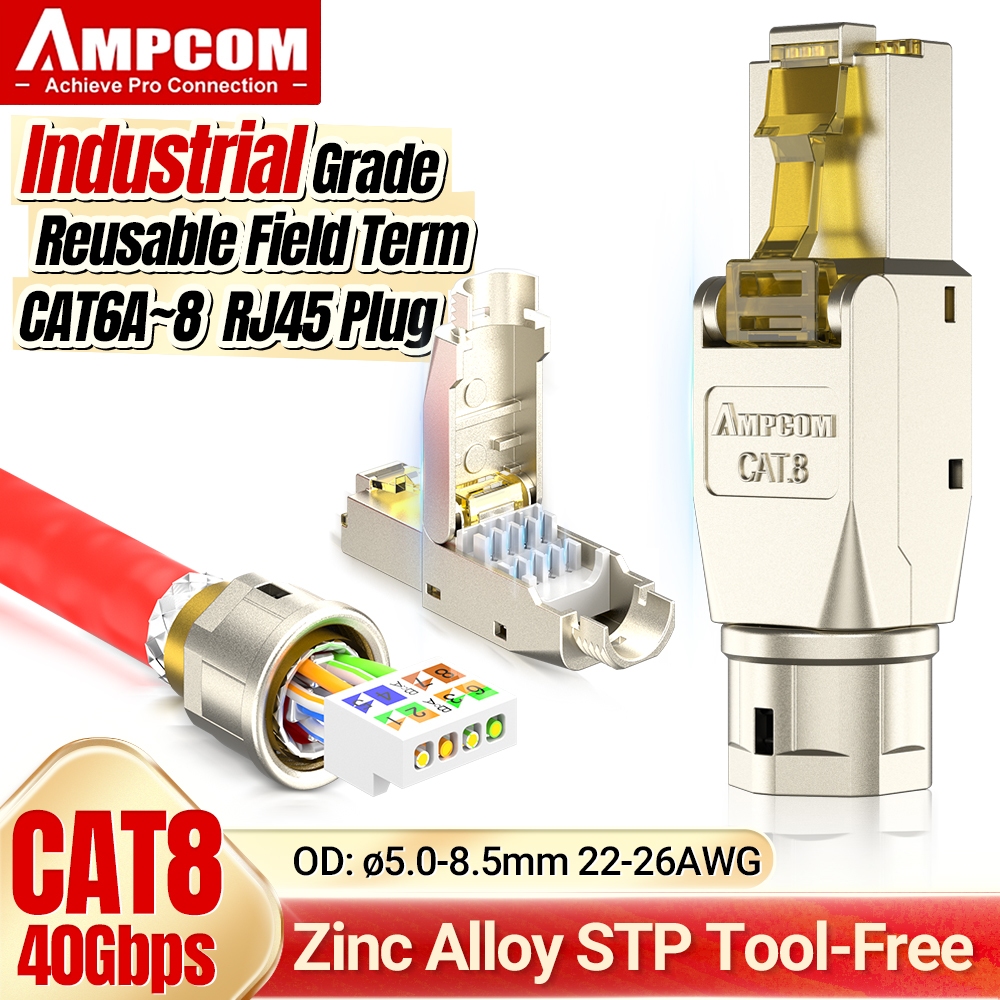 AMPCOM ตัวต่อ RJ45 แบบไม่ต้องใช้เครื่องมือ, CAT8/CAT7/CAT6A ปลั๊กการเชื่อมต่อที่ใช้ซ้ำได้โดยไม่จำเป็นต้องมีที่ทำล้อม สำหรับเครือข่าย Ethernet ที่มีการป้องกันรบกวน