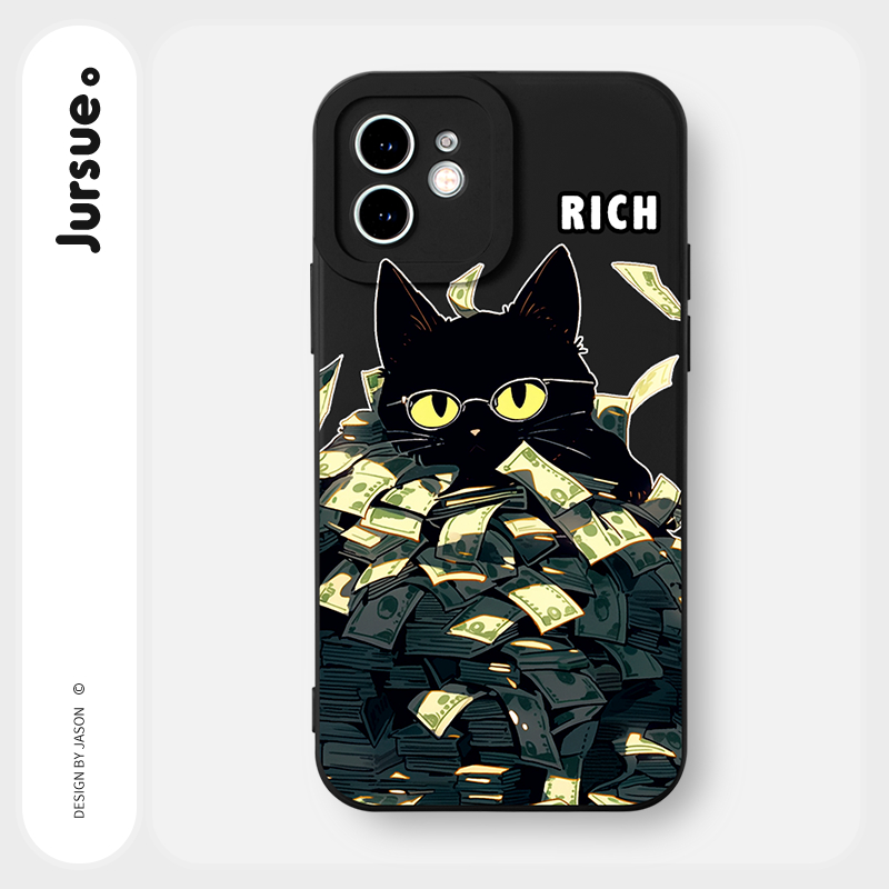 JURSUE เคสไอโฟน เคสซิลิโคนนุ่มกันกระแทกลายการ์ตูนน่ารักตลก เคสโทรศัพท์ สีดำ Compatible for iPhone 17 16 15 14 13 12 11 Pro Max SE 2020 X XR XS 8 7 Plus xsmax 6splus 7plus 8plus พลั