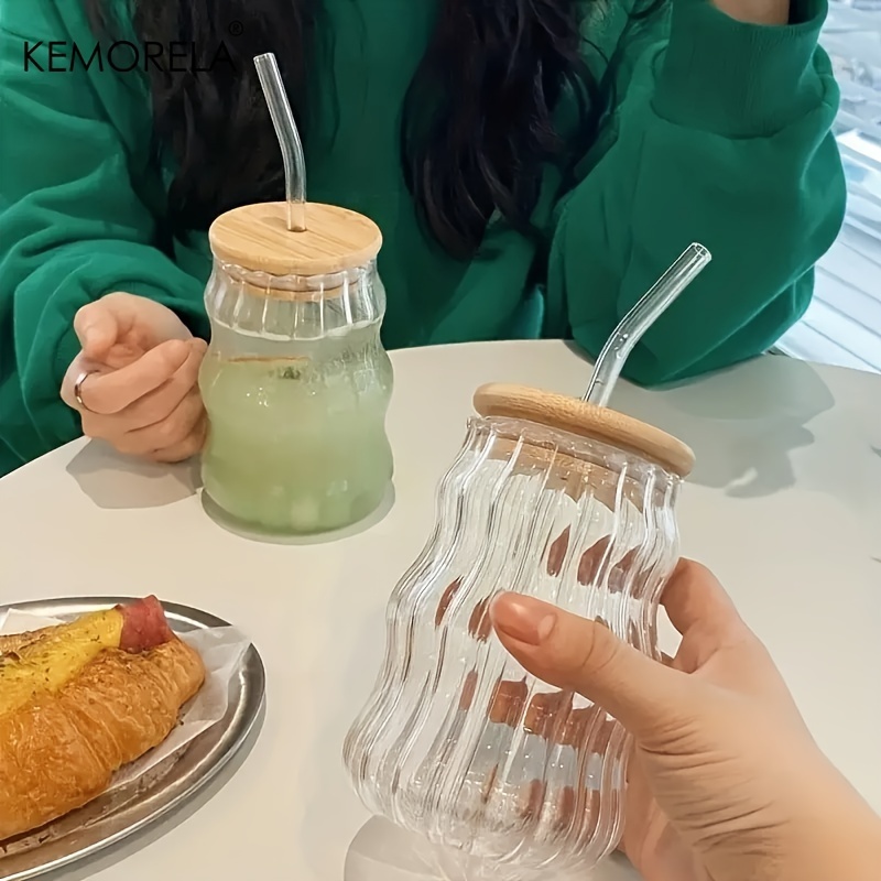 KEMORELA ใหม่ แก้วกาแฟใส ลายก้อนเมฆ พร้อมฝาปิด มีหลอดดูด ลายทาง พร้อมฝาปิด สําหรับใส่เครื่องดื่ม ชา กาแฟ น้ําผลไม้