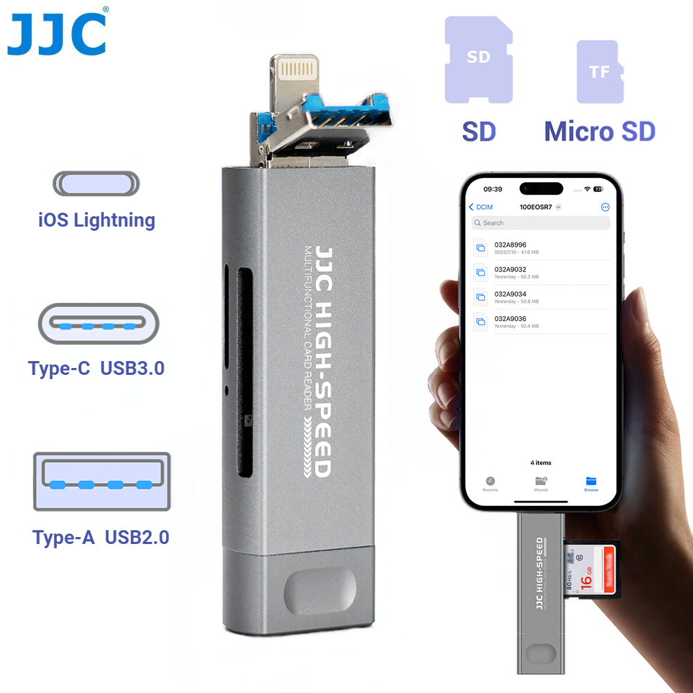 JJC Card Reader เครื่องอ่านการ์ดสมาร์ทโฟน Apple Lightning Android Type-C USB สําหรับการ์ดหน่วยความจํา SD SDHC SDXC MicroSD MicroSDHC MicroSDXC TF สำหรับ Apple 17 16 15 14 13 12 Pro Max Plus Mini